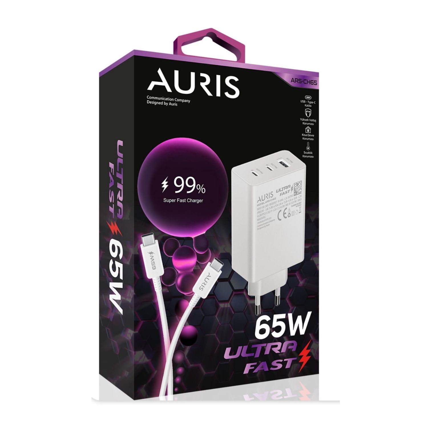 Auris 65W Type-C Ultra Fast Şarj Adaptörü ve Kablo Seti